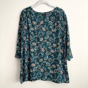 J.Jill Wearever Tunic Top Teal Orange Paisley Blouse Size XL Petite Stretch